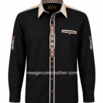 Back view of Black Bavarian Shirt with beige shoulder yoke, long sleeves and newgenuineleather.com