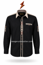Back view of Black Bavarian Shirt with beige shoulder yoke, long sleeves and newgenuineleather.com