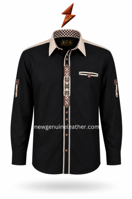 Back view of Black Bavarian Shirt with beige shoulder yoke, long sleeves and newgenuineleather.com