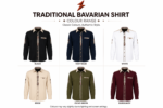 Black Bavarian Shirt specification image showing embroidered placket, contrast collar, chest pocket and roll-tab sleeves