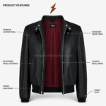 Black leather bomber with curved chest stitching and angled zipper pockets