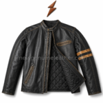Black cafe racer jacket with tan sleeve stripes, zipper pockets, quilted lining and NGL logo