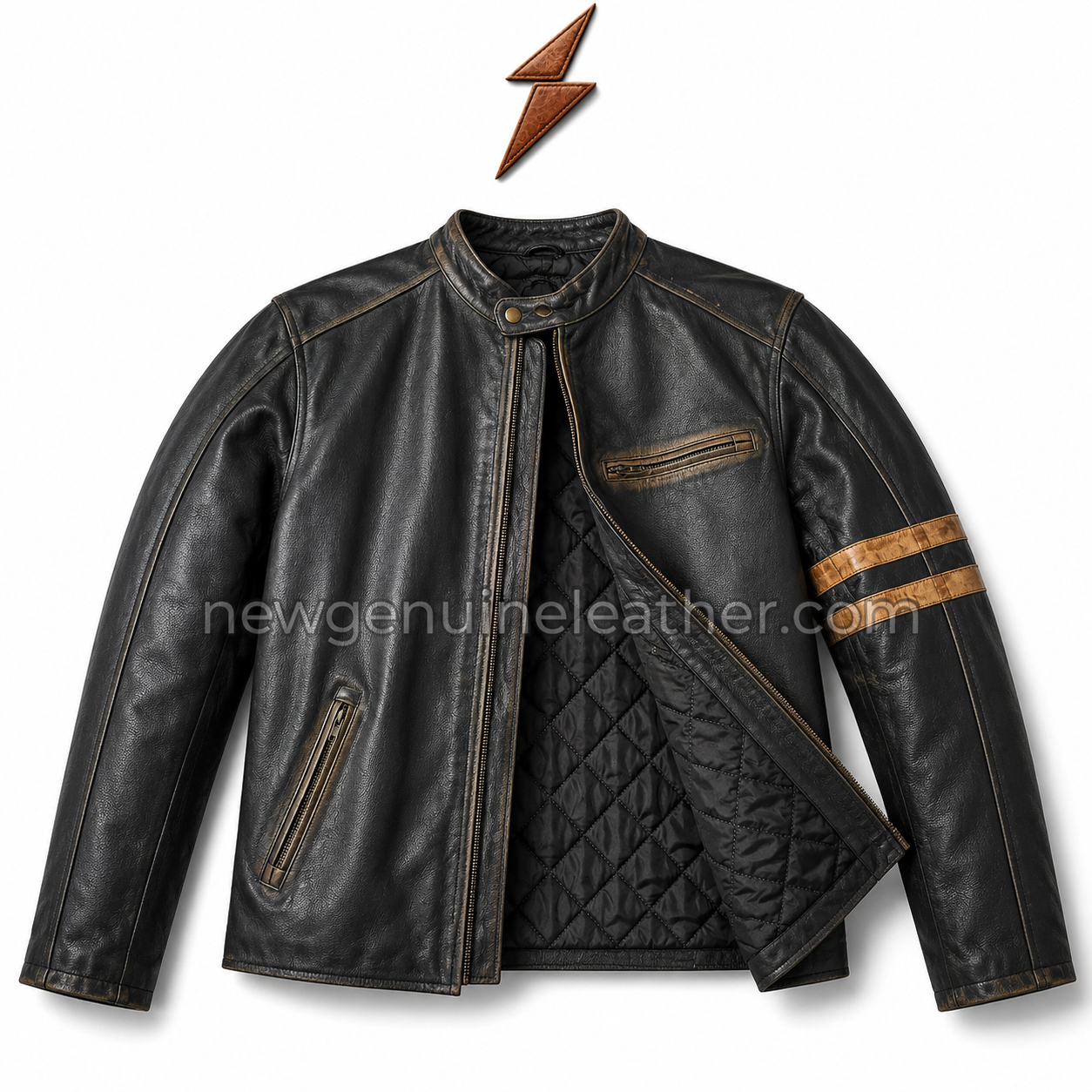 Black Cafe Racer Jacket with 2 Sleeve Stripes Black cafe racer jacket with tan sleeve stripes, zipper pockets, quilted lining and NGL logo