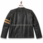 Black cafe racer jacket front view with snap-tab collar and vintage tan trim Title: Front View Black Cafe Racer Jacket