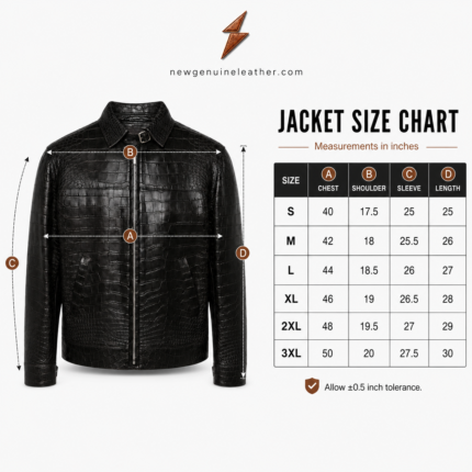 Black crocodile leather jackets front view with scale texture, buckle collar and silver zippers by newgenuineleather.com
