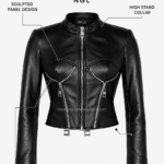 Black fashion jacket with sculpted leather panels, stand collar, silver zippers, and NGL branding by newgenuineleather.com