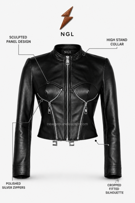 Black fashion jacket with sculpted leather panels, stand collar, silver zippers, and NGL branding by newgenuineleather.com