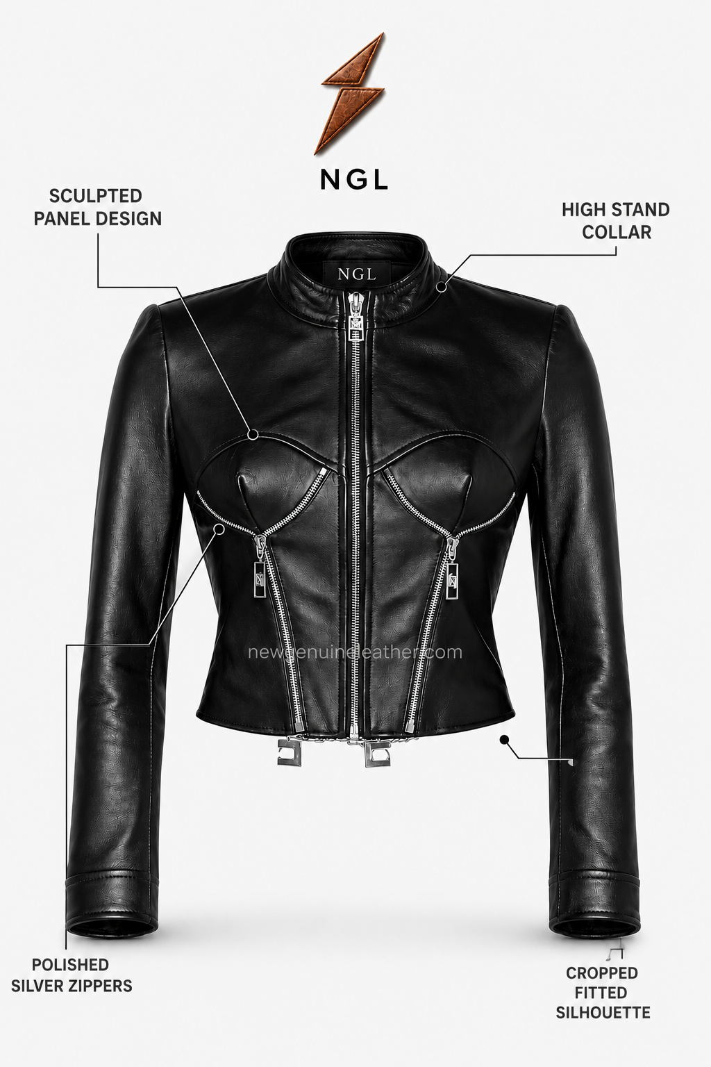 Black Fashion Jacket Front View | NGL Black fashion jacket with sculpted leather panels, stand collar, silver zippers, and NGL branding by newgenuineleather.com