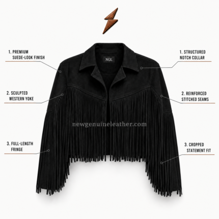 Black fringe leather jacket with long chest and sleeve tassels by newgenuineleather.com