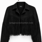 Fringe Leather Jacket Back view of black Western leather jacket with layered shoulder fringe by newgenuineleather.com