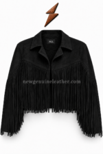 Fringe Leather Jacket Back view of black Western leather jacket with layered shoulder fringe by newgenuineleather.com