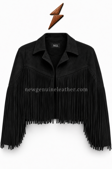 Fringe Leather Jacket Back view of black Western leather jacket with layered shoulder fringe by newgenuineleather.com