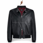 Men’s Leather Bomber Jacket in black with curved panels and NGL collar label