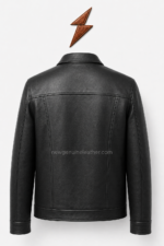 Four-pocket black leather field jacket showing stitched chest panels, center zipper, and tonal seams