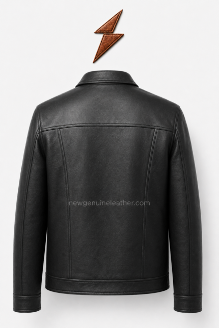 Four-pocket black leather field jacket showing stitched chest panels, center zipper, and tonal seams