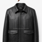 Black leather field jacket with four flap pockets, pointed collar, and NGL branding by newgenuineleather.com
