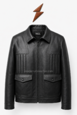 Black leather field jacket with four flap pockets, pointed collar, and NGL branding by newgenuineleather.com