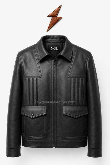 Black leather field jacket with four flap pockets, pointed collar, and NGL branding by newgenuineleather.com