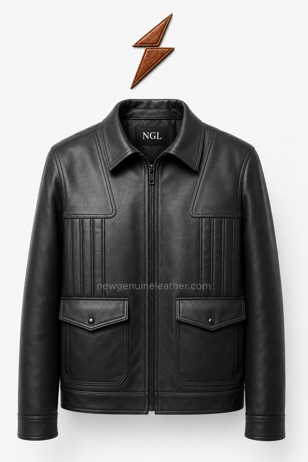 Black Leather Field Jacket Front View | NGL Black leather field jacket with four flap pockets, pointed collar, and NGL branding by newgenuineleather.com