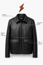 Open black leather field jacket displaying smooth lining, interior NGL label, and leather front facings