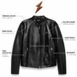 Leather Jacket for Men in black with band collar, silver zipper and NGL label by newgenuineleather.com