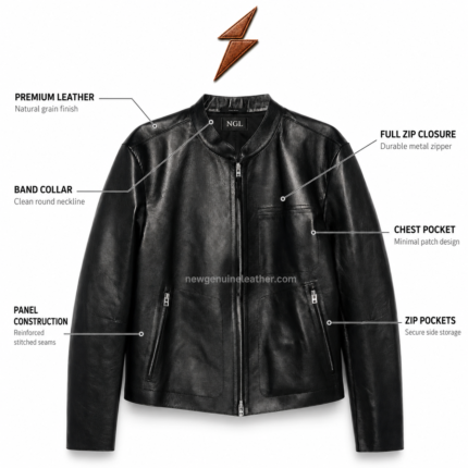 Leather Jacket for Men in black with band collar, silver zipper and NGL label by newgenuineleather.com