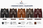 Black Leather Lederhosen Shorts back view with adjustable waist lacing, side hem ties and brown NGL leather patch