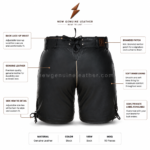 Black Leather Lederhosen Shorts front view with white Bavarian embroidery, contrasting piping and NGL branding by newgenuineleather.com