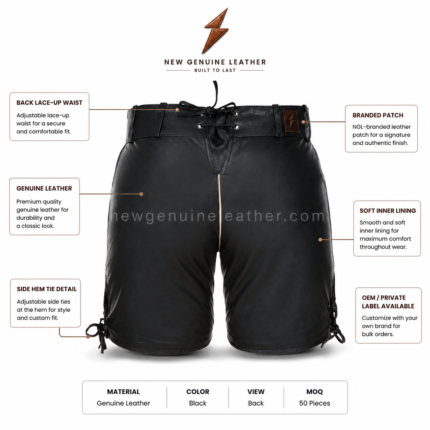 Black Leather Lederhosen Shorts front view with white Bavarian embroidery, contrasting piping and NGL branding by newgenuineleather.com