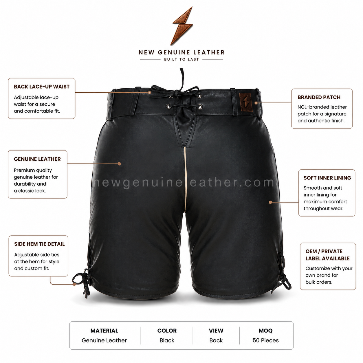 Black Leather Lederhosen Shorts Front View | NGL Black Leather Lederhosen Shorts front view with white Bavarian embroidery, contrasting piping and NGL branding by newgenuineleather.com