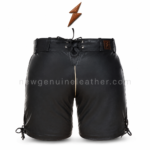 Black Leather Lederhosen Shorts specifications showing lace-up waist, genuine leather texture, soft lining and branded patch