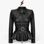Black leather peplum jacket with corset seams and polished silver buckle