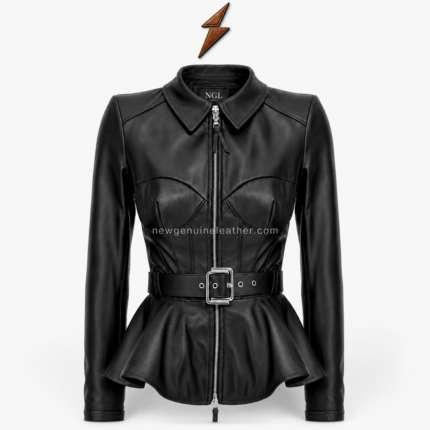 Black leather peplum jacket with corset seams and polished silver buckle