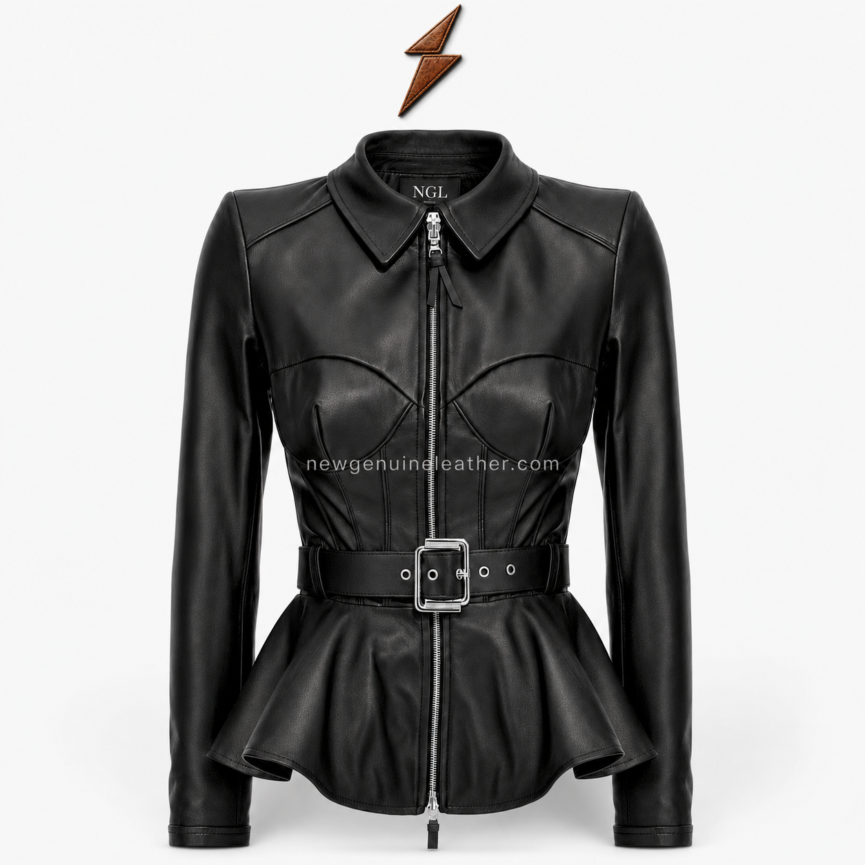Black Leather Peplum Jacket Detail – newgenuineleather.com Black leather peplum jacket with corset seams and polished silver buckle