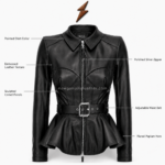 Black leather peplum jacket with silver zipper and fitted belt by newgenuineleather.com