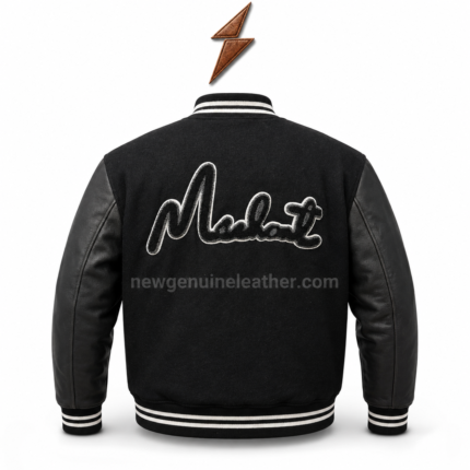 Black varsity jacket with leather sleeves, white striped rib trim, and back script embroidery