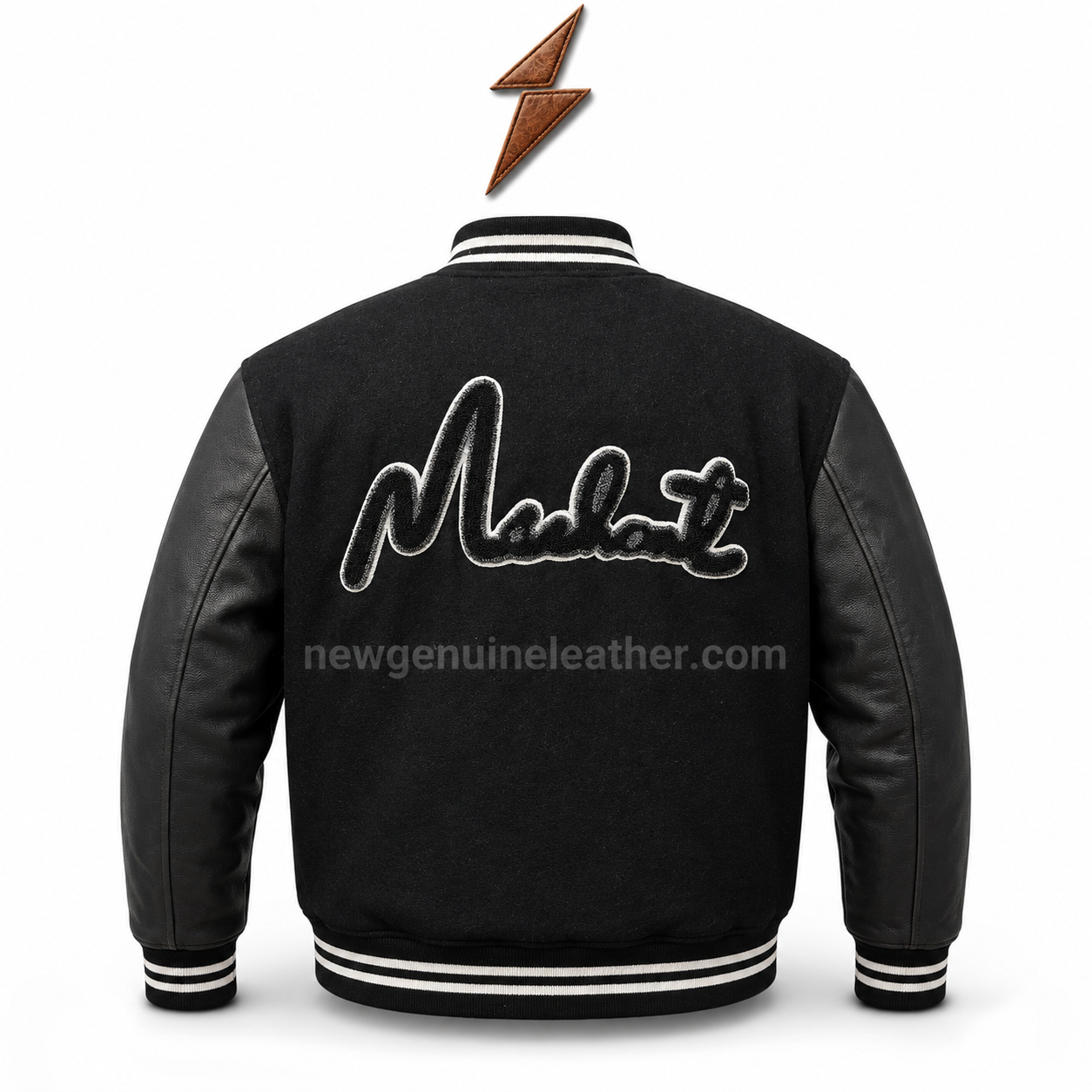 Black Leather Sleeve Varsity Jacket Black varsity jacket with leather sleeves, white striped rib trim, and back script embroidery