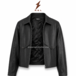 Back view of black leather trucker jacket with clean yoke seam