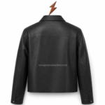 Black leather trucker jacket with grained surface and black button details