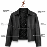 Black leather trucker jacket with pointed chest panels by newgenuineleather.com