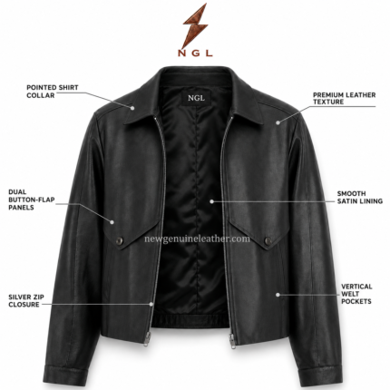 Black leather trucker jacket with pointed chest panels by newgenuineleather.com