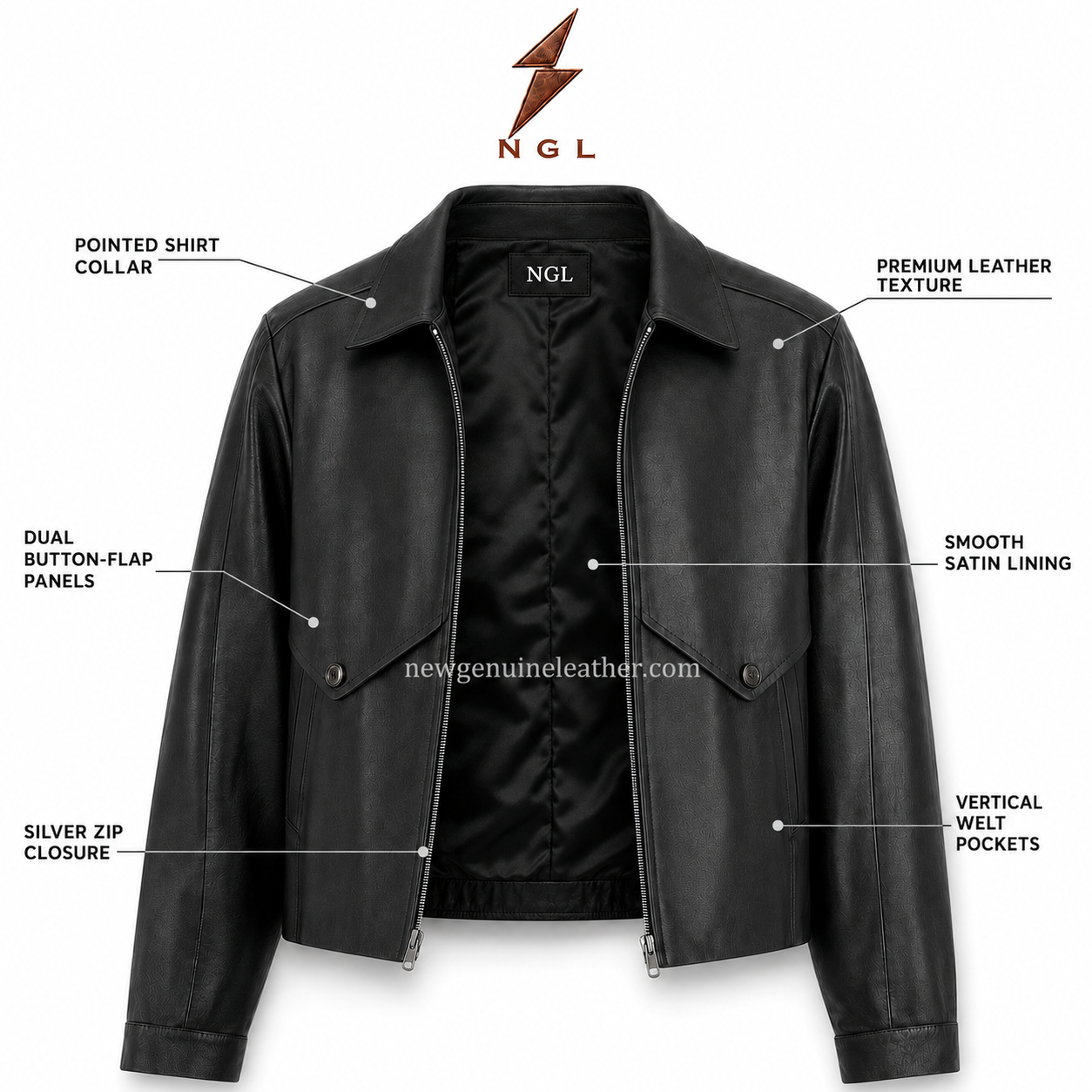 Black Leather Trucker Jacket Front – newgenuineleather.com Black leather trucker jacket with pointed chest panels by newgenuineleather.com