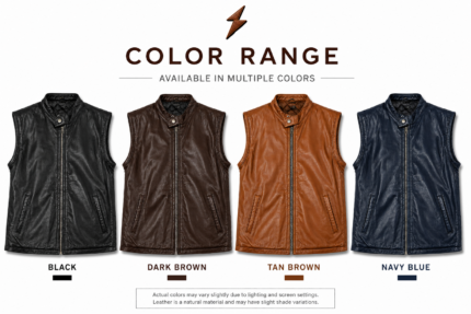 Black leather vest with front zipper, snap collar, and two lower pockets