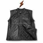 Black leather vest with quilted inner lining and open front detail