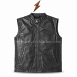 Black leather vest back pose with center seam and smooth leather texture