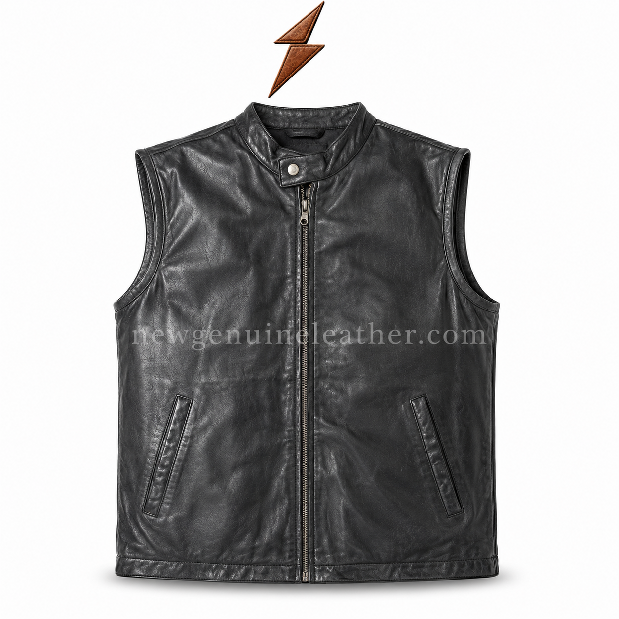 Black Leather Vest with 2 Pockets & Quilted Genuine Leather