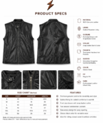 Black leather vest collar detail with snap button and zipper closure