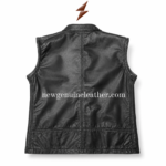 Black leather vest pocket detail for wholesale leather outerwear buyers