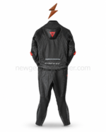 Black Motorcycle Race Suit rear view with red upper-back logo, ribbed panels and white lower-back lettering