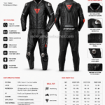 Black Motorcycle Race Suit front view with red chest emblem, silver shoulder shells and newgenuineleather.com